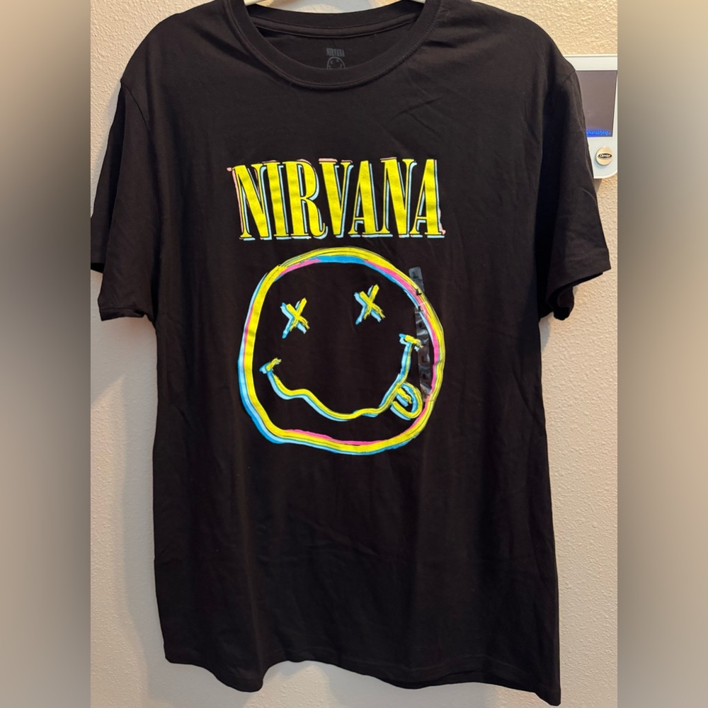 NIRVANA Graphic Tee with Neon Yellow & Multicolor Smiley Graphic